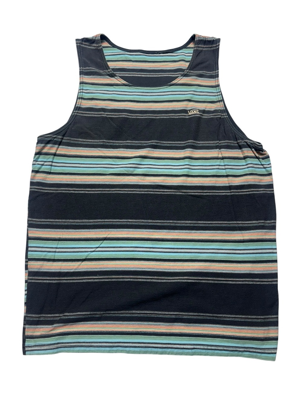 Vans Men’s L Striped Tank Top Navy Teal Peach Embroidered Logo Skater
